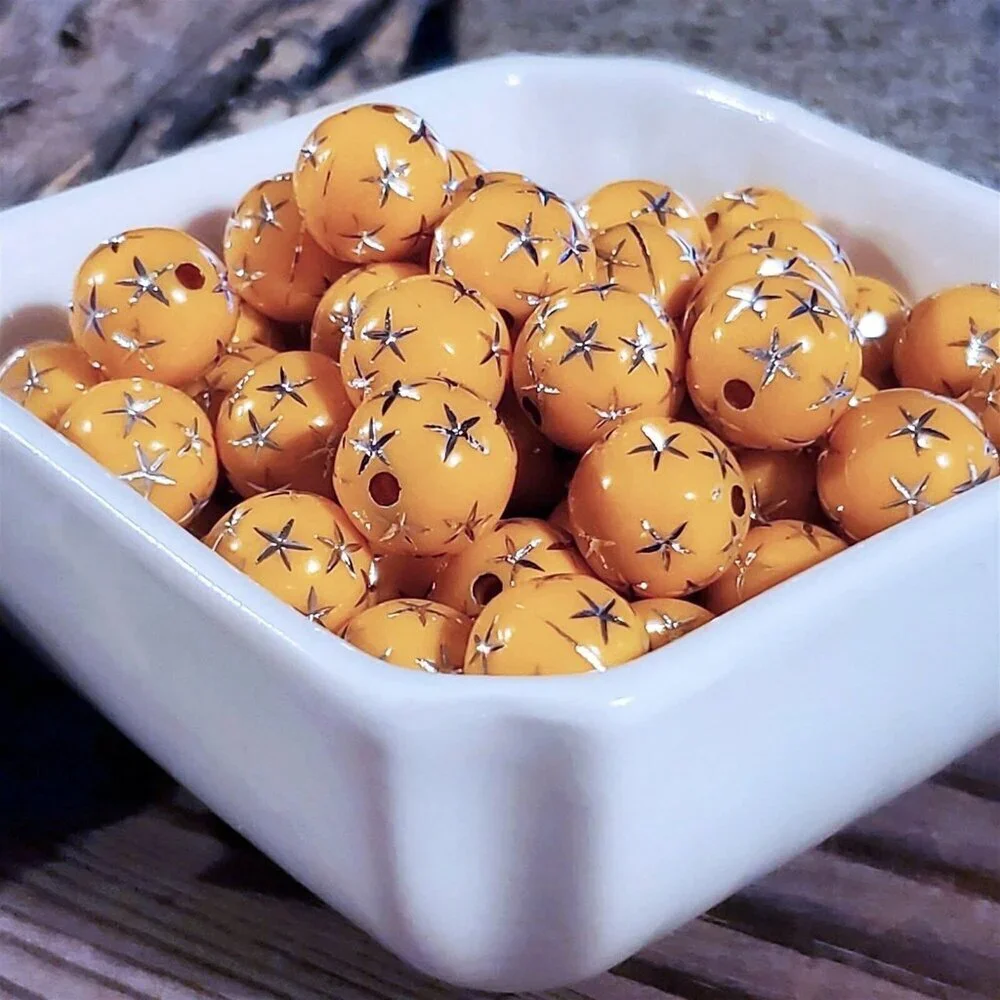 Vintage Retro Orange Silver Stars 12mm Round Acrylic Shabby Chic Beads 10 pcs